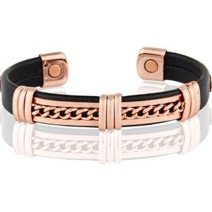 Solid Copper Leather Wrapped Magnetic Bracelet Healing Energy Cuff Bangle